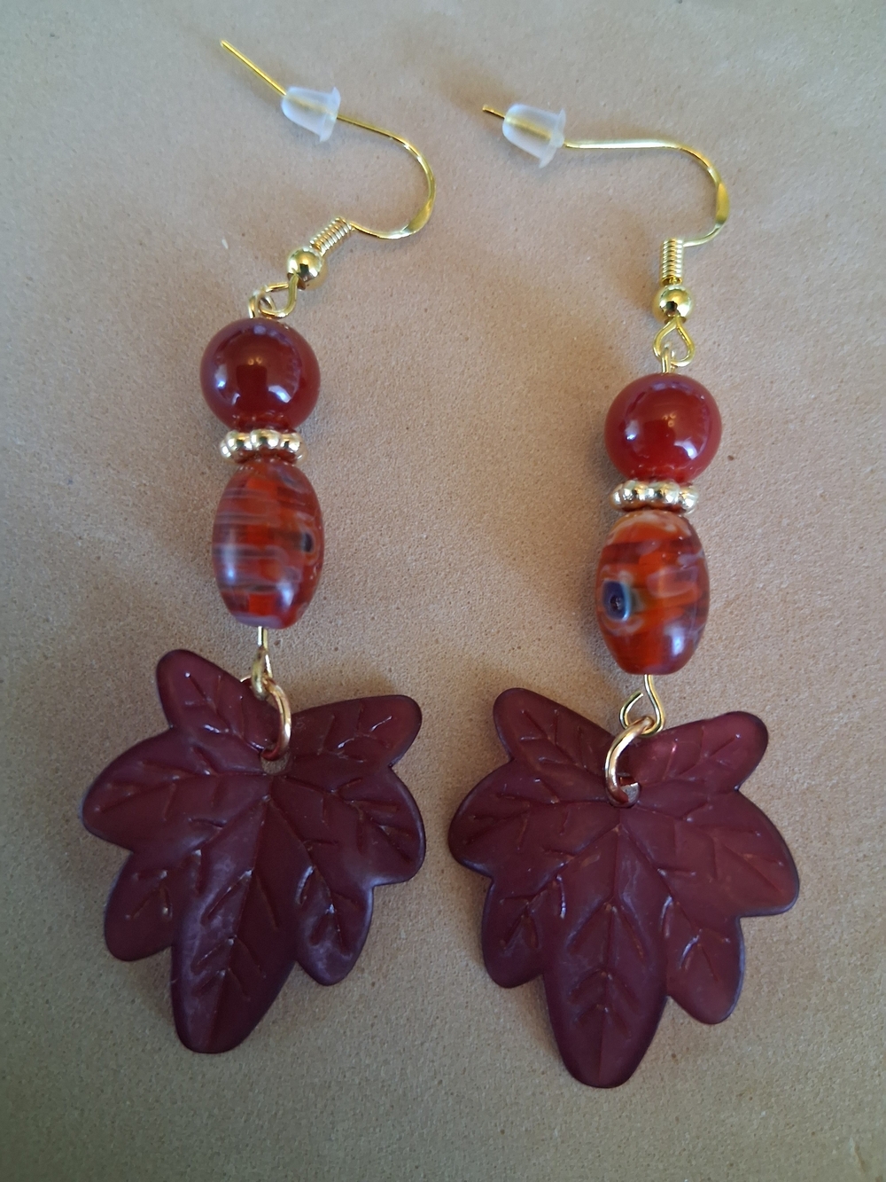Handmade Gold-Tone Maroon Leaf Dangle Earrings